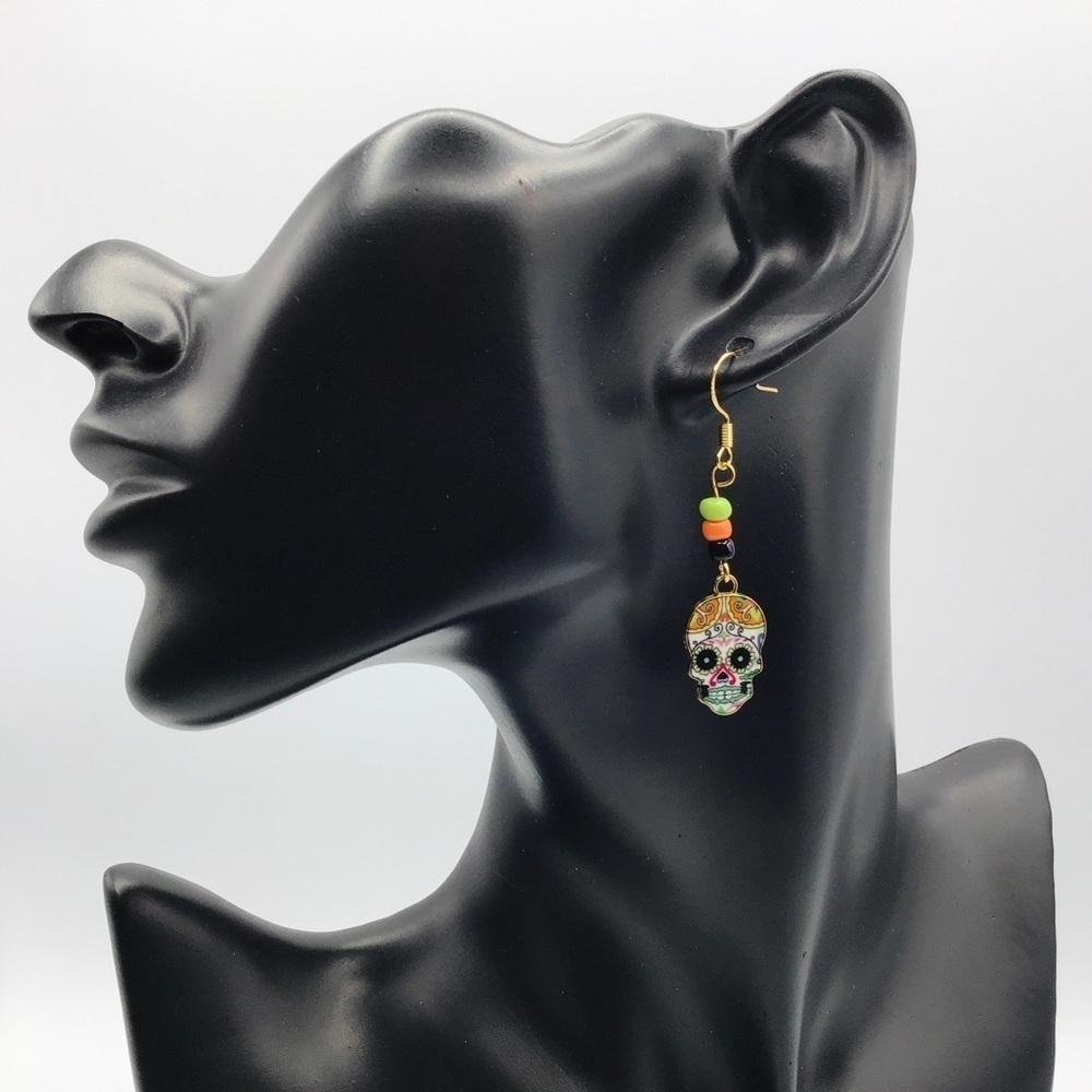 New Earrings Sugar Skulls Day Of The Dead Dia De Los Muertos Glass Beads